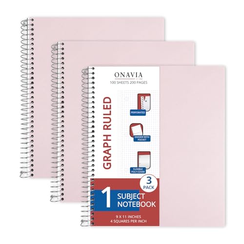 ONAVIA Pink 1 Subject Graph Paper Spiral Notebook 3 Pack, 200 Pages | 100 Sheets, 9 x 11 in, Waterproof Plastic Cover, Durable, 3-Hole Punched, Divider, Double-Sided Pocket - color: Pink