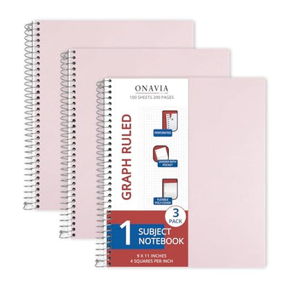 ONAVIA Pink 1 Subject Graph Paper Spiral Notebook 3 Pack, 200 Pages | 100 Sheets, 9 x 11 in, Waterproof Plastic Cover, Durable, 3-Hole Punched, Divider, Double-Sided Pocket - color: Pink