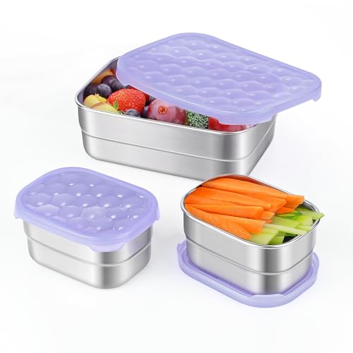 Tanjiae Small Stainless Steel Lunch Containers for Kids | Leak Proof BPA Free Snack Containers with 100% Pure Silicone Lids - Perfect Metal Lunch Box with Lids for School and Daycare (25oz+8oz*2) - color: 3-Pack Purple Plum Snack Containers for Kids, size