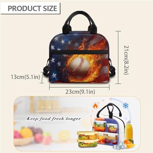 Horeset Baseball Flame American Flag Backpack for Kids Boys Travel Casual Backpack with Picnic Lunch Box Water Holder Case Primary Elementary School Bag Bookbag Set of 3Pcs 5-8 8-10 Years - color: Baseball Flame American Flag