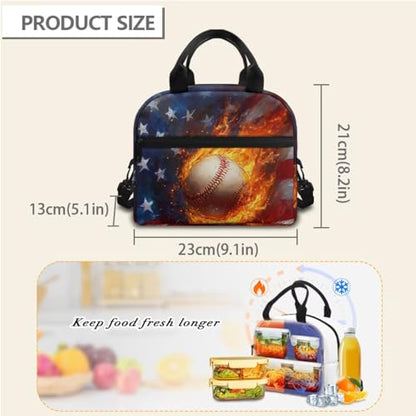 Horeset Baseball Flame American Flag Backpack for Kids Boys Travel Casual Backpack with Picnic Lunch Box Water Holder Case Primary Elementary School Bag Bookbag Set of 3Pcs 5-8 8-10 Years - color: Baseball Flame American Flag