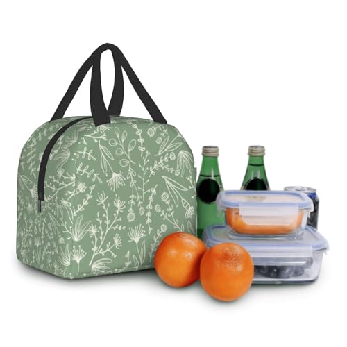 Nerxy Sage Green Insulated Lunch Bag Botanical Reusable Lunch Box for Kids Teens Herbs Plants Container Cooler Toddler Tote Bags for Women Men Picnic Travel Work Office - color: Green Botanical