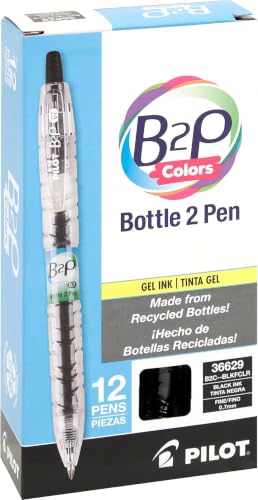 PILOT B2P Colors - Bottle to Pen Refillable & Retractable Rolling Ball Gel Pen Made From Recycled Bottles, Fine Point, Black G2 Ink/Clear Barrel, 144-Pack (36629) - color: Black, size: 12 Count (Pack of 12)