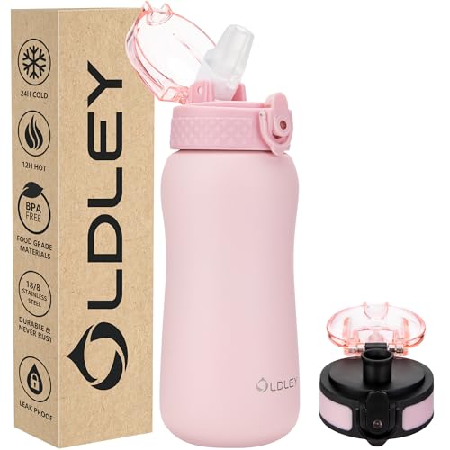 Oldley Insulated Water Bottle 12oz Water Bottles with Straw, Stainless Steel Water Bottle with 2 Lids, Double Wall Vacuum Bottels for Adults Kids, Leak-Proof Sport Bottles for School Travel, Pink - color: Pink, size: 12 Ounces