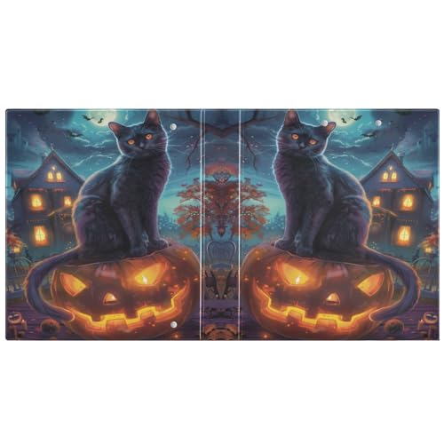 Halloween Cat Pumpkin Hard Cover Ring Binder 1.5 Inch 3 Ring, Printed Ring Binder with Metal Non-Slip Clip Clear Pocket Water Resistant Round Ring Binders for Recipe Budget Office - color: Halloween Cat Pumpkin