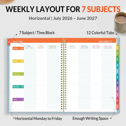 SUNEE Teacher Planner 2026-2027 Academic Year, Lite Lesson Planner Book with 7 Periods Jul 2026 - Jun 2027, 8.5"x11" Daily Weekly and Monthly Organizers, Plan Book with Pocket Folder, Color Tabs,Blue - color: Blue