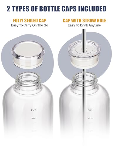 NiHome 25oz/750ml Clear Glass Water Bottle with 2 Caps & Stainless-Steel Straw, Temperature Resistant Durable High Borosilicate Glass Drinkware with Leak-Proof Seal for Travel, Gym, School & Home Use - color: Clear
