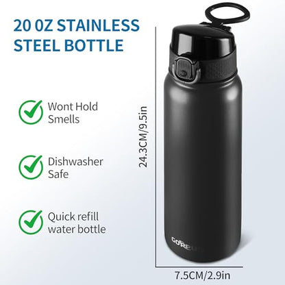 GOPPUS Insulated Water Bottle 20oz Stainless Steel BPA-Free Sports Bottle Ideal for School and Travel Silicone Spout Lid Prevents Leaks, Sweat, and Dust (Black) - color: Black