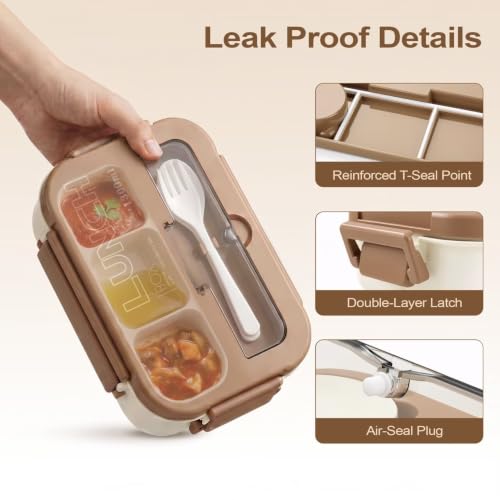 Bento Box Adult Lunch Box, Lunch Containers for Adults 44.5 Oz/5 Cup, Khaki | BPA-Free, Lid-Top Sauce Tray, Leak-Proof, 1300mL, Removable Silicone Sealing Ring, Lid-Top Utensil Slot with Included Cutlery - color: Khaki