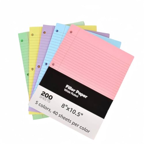 200 Sheets Loose Leaf Paper 8x10.5 Inch 3-Hole Colored Filler Paper College Ruled Notebook Paper for 3-Ring Binders Notepad Wide Ruled Notebook Paper for School,Office & College Supplies (Colored)