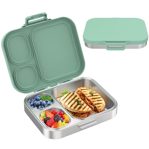 Pawtong Stainless Steel Bento Lunch Box for Kids | 3-Compartment Lunch Box Container Kids | 100% Leakproof, Eco-Friendly, Perfect Portion Control for Kids&Adult Healthy Meals (Green) - color: Green
