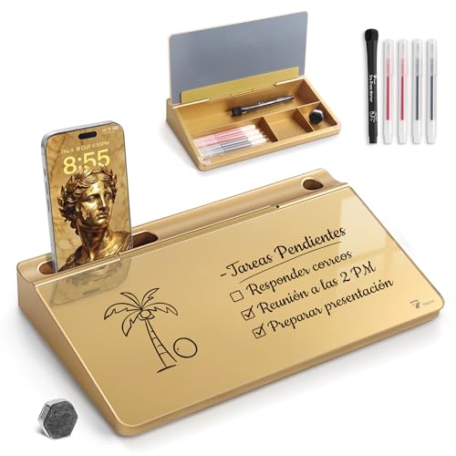 TOWON Compact Glass Desktop Whiteboard with Storage 12x7 in, Metallic Gold | Glossy metallic mirror finish, 5 markers, eraser and holder included, dry erase surface for the office or home desk - color: Metallic Gold
