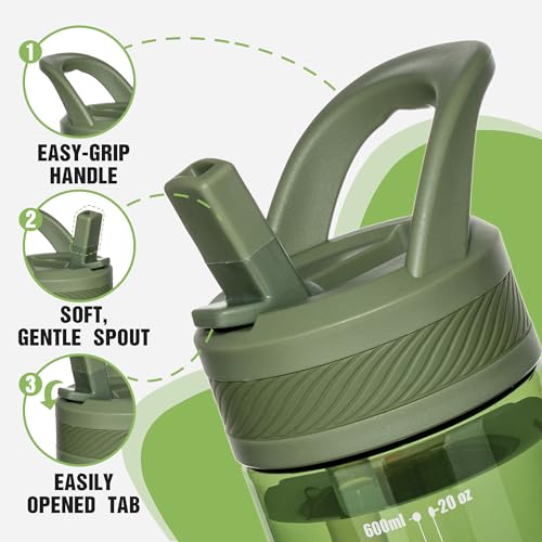 OLDLEY 20oz Kids Water Bottle with Straw, BPA-Free Tritan Water Bottle for School, Leakproof Clear Water Bottle with One Click Open, Measurement Scale, Cup Holder Friendly for Boys Girls,Army Green - color: Army Green