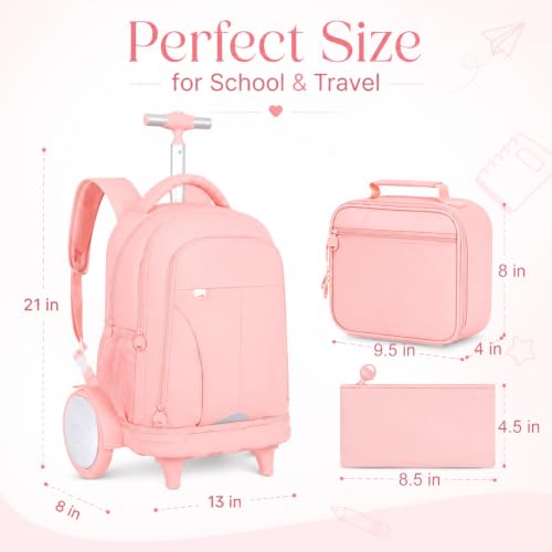 AGSDON Quiet Glide Rolling Backpack with Lunch Box Set - Large Wheel Water-Resistant Wheeled Bag for Business, Travel, and College | Blush Pink 3-in-1 Organizer Backpack - color: Reflective Pink - Rolling Backpack