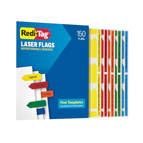 Redi-Tag Laser Flags, Customizable Adhesive Page Tabs, Printable with Laser Printers, Assorted Primary Colors: Yellow, Red, Blue, Orange and Green, 2" x 0.56", 150 per Pack (1006918) - size: 150 Pack