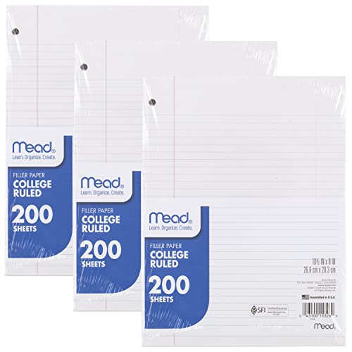 Mead Loose Leaf Paper, 3 Pack, Notebook Paper, College Ruled Filler Paper, Standard, 8 x 10.5, 200 Sheets per Pack (73185) - size: Pack of 3