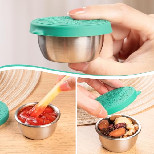 MICEBAY 8-Pack Salad Dressing Container To Go, 2-oz Silicone Small Condiment Squeeze Bottles and 1.6 oz Stainless Steel Sauce Containers Cups, Leakproof Condiment Containers with Lids for Lunch Box - color: Mint, size: 2-oz