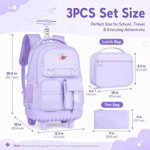 WZLVO Rolling Backpack for Girls, 21 inch Water Resistant Roller School Bag with Wheels, Wheeled Backpacks Set for Teen Women Elementary Travel - Purple - color: Purple