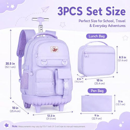 WZLVO Rolling Backpack for Girls, 21 inch Water Resistant Roller School Bag with Wheels, Wheeled Backpacks Set for Teen Women Elementary Travel - Purple - color: Purple