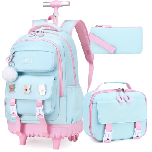 3-IN-1 Rolling Backpack for Girls with Lunch Bag Pencil case, Kawaii Backpack with Wheels for Girls, Roller School Bag with Wheels for Teen Elementary School Bookbags with Cute Pins Aquamarine-Pink - color: Aquamarine-pink