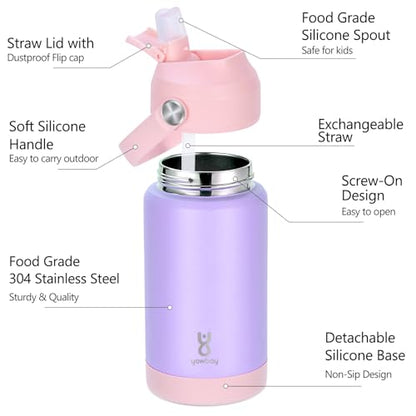 Kids Insulated Water Bottle with Straw Lid & Silicone Handle,12oz Kids Leak Proof Water Bottle for School Boys Girls,Double Wall Vacuum Stainless Steel with Non-slip Silicone Base(Light Purple) - color: Light Purple, size: 12 Ounces