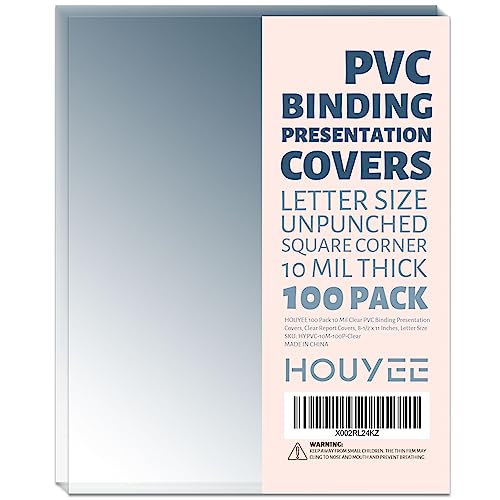 HOUYEE 100 Pack10 Mil Clear Binding Presentation Covers, PVC Report Cover Sheets for Binding, Square Corner, 8.5 x11 Inches, Letter Size - size: 10mil, 100P