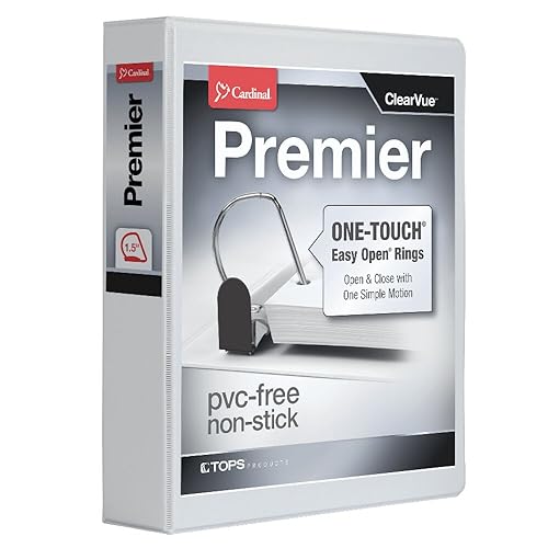 Cardinal 3 Ring Binder, Binder for School and Office, Durable 1.5 Inch Premier Easy Open Binder, ONE-Touch Locking Slant-D Rings, 400-Sheet Capacity, ClearVue Cover, PVC-Free, White (10310) - size: 1.5-Inch (Pack of 1)
