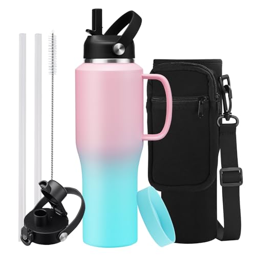 32oz Insulated Water Bottle - with Straw & Spout Lid, Strap Carrier Bag, Cold-48H & Hot-24H, Stainless Steel Travel Cup with Handle, Reusable Slim Metal Water Bottle for Car Travel Cycle Gym - color: Pink&Green, size: 32 ounces with handle
