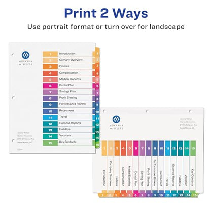 Avery 15 Tab Dividers for 3 Ring Binders, Customizable Table of Contents, Multicolor Tabs, 6 Sets (11197) - size: 6 sets