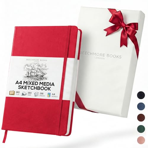 Beechmore Books A4 Mixed Media Sketchbook - 8.5"x11" Hardcover Lay-Flat Art Journal, 160 GSM / 98 lb Professional Ivory Paper, 156 Perforated Pages, Gift Box, Ink, Drawing and Light Watercolor - color: Scarlet Red, size: A4 - 8.5" x 11.5" Large