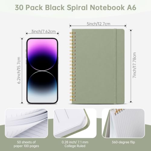 Watersay 30 Pcs Small Spiral Notebooks A6 with Straps, Multicolor 5" x 7" Pocket Notebooks Mini Lined Journals 50 Sheets for Back to School Supplies Students Rewards Office Gifts(Green) - color: Green