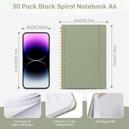 Watersay 30 Pcs Small Spiral Notebooks A6 with Straps, Multicolor 5" x 7" Pocket Notebooks Mini Lined Journals 50 Sheets for Back to School Supplies Students Rewards Office Gifts(Green) - color: Green