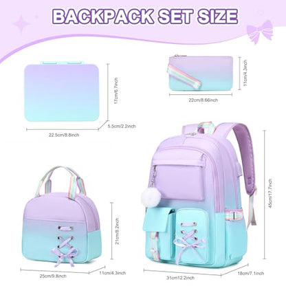 Scothen Backpack for Girls with Bento Lunch Box Set, School Bag Bookbag for Teens Girls Kids Student, 43oz Lunch Containers Lunchbox, Insulated Lunch Bag & Pencial Case, Back to School Gifts - color: Purple Blue
