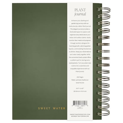 Sweet Water Decor Plant Journal, Cute Lined Spiral Notebook for Women, 125 Prompt Pages for Writing & Tracking Plant Growth, Green Matte Laminate Hardcover Diary with Gold Foil Details - style: Plant