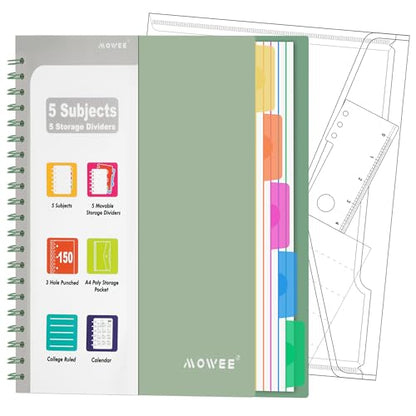 5-Subject Spiral Notebook, College Ruled, with Pocket & Tab Dividers | 300 Pages, 11" Ruler, 8.5"x11" Forest Green, Pocket Dividers with Labels, for Writing Journal, Home, Office & School Supplies - color: Forest(300 page)