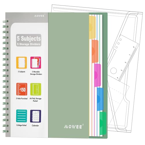 5-Subject Spiral Notebook, College Ruled, with Pocket & Tab Dividers | 300 Pages, 11" Ruler, 8.5"x11" Forest Green, Pocket Dividers with Labels, for Writing Journal, Home, Office & School Supplies - color: Forest(300 page)