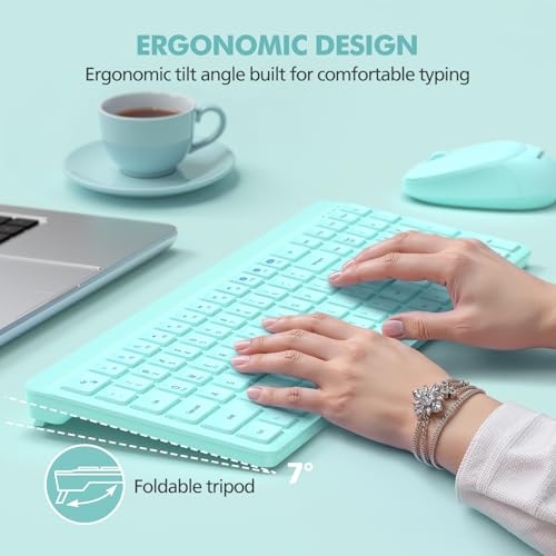 Teal Wireless Keyboard and Mouse Combo for Desktop Mac iPad Bluetooth 2.4 Ghz Rechargeable Slim Silent Click with Number Pad Compatible with Pc, Laptop, Tablet (Green) - color: Teal