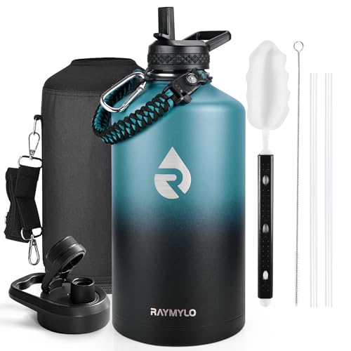 RAYMYLO One Gallon Water Bottle Insulated, Triple Walled Vacuum Stainless Steel (Cold for 48 Hrs), Leak Proof & Non-BPA, Large Water Flask Jug with Paracord Handle & Straw Spout Lids - color: Indigo/Black, size: 128 Ounces