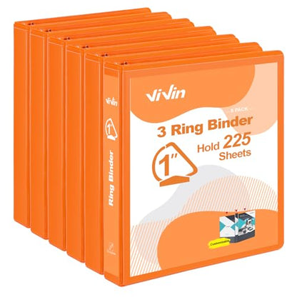 ViVin 튼튼한 2.5cm(1인치) D 링 바인더, 포켓 2개가 있는 링 바인더 3개, 사무실, 가정, 학교용 미국 레터 사이즈 용지 225장 보관, 6팩 (오렌지) - color: 주황색., size: 1인치