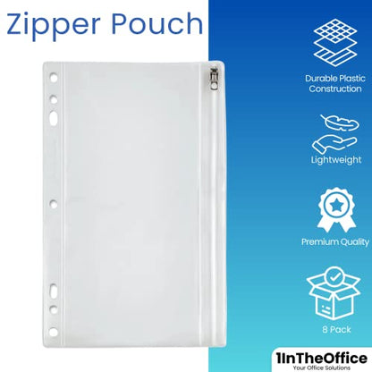 1InTheOffice Clear Pencil Pouch, Pencil Pouch for 3 Ring Binder, Zippered, Vinyl, 8 Pack