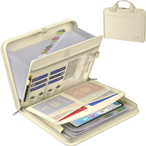 ENGPOW Accordion File Organizer,Fireproof Expanding File Folder with Multi Pockets,13 Pockets Document Organizer Bag with Handle & Labels,Portable Home Travel Safe Storage for Letter A4 Files,Beige - color: Beige, style: 13 Pockets