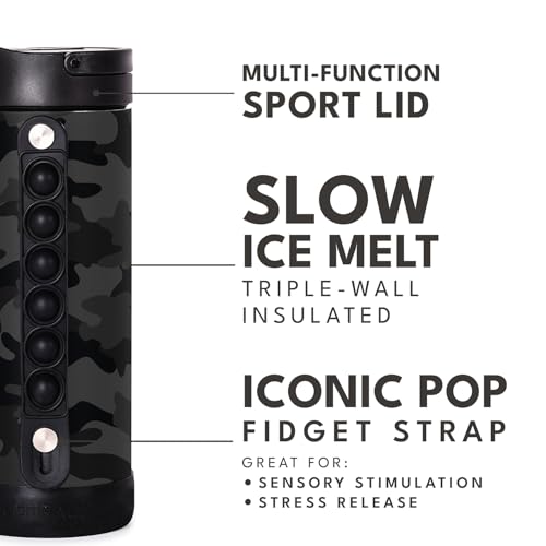 Elemental Iconic Kids Water Bottle with Straw Lid & Stress Relief Pop It Handle, Leak-Proof When Closed, Triple Insulated Kids Stainless Steel Water Bottle For Girls and Boys, 14oz - Black Camo - color: Black Camo, size: 14 Ounces