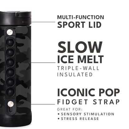 Elemental Iconic Kids Water Bottle with Straw Lid & Stress Relief Pop It Handle, Leak-Proof When Closed, Triple Insulated Kids Stainless Steel Water Bottle For Girls and Boys, 14oz - Black Camo - color: Black Camo, size: 14 Ounces