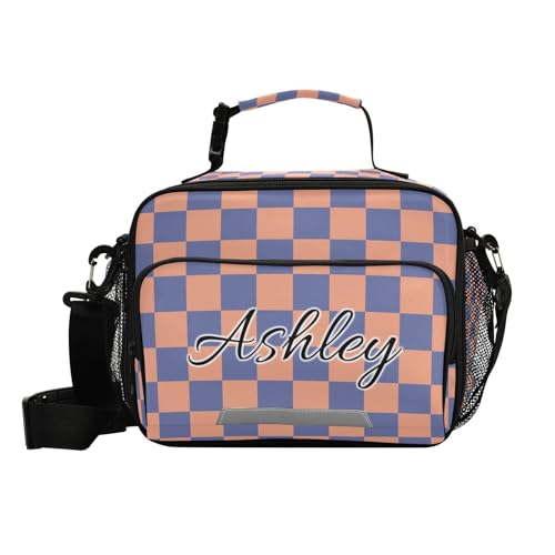 Custom Student Lunch Bag for Boys Girls Orange Blue Checkered Personalized Lunch Box With Name Insulated Cooler Bag for School Picnic Travel - color: Multi12