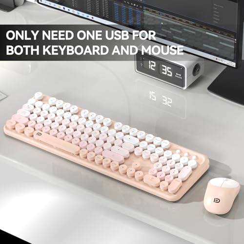 Wireless Keyboard and Mouse Combo, 2.4GHz Colorful Cute Round Keycaps Keyboard for Office Computer PC Desktops Laptop (104 Keys Pink White) - color: 104 Keys Pink White