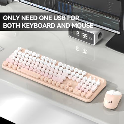 Wireless Keyboard and Mouse Combo, 2.4GHz Colorful Cute Round Keycaps Keyboard for Office Computer PC Desktops Laptop (104 Keys Pink White) - color: 104 Keys Pink White