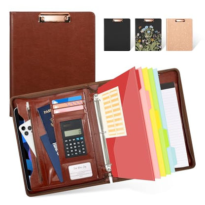 Ospelelf 3 Ring Binder Portfolio Folder with Zipper- Leather Padfolio with Clipboard Storage- Calculator, 12.1” Tablet Sleeve, 5 Dividers with Pocket, Refillable Notepad, Card Slot (Red Brown) - color: Red Brown