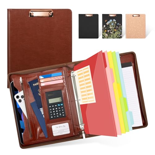 Ospelelf 3 Ring Binder Portfolio Folder with Zipper- Leather Padfolio with Clipboard Storage- Calculator, 12.1” Tablet Sleeve, 5 Dividers with Pocket, Refillable Notepad, Card Slot (Red Brown) - color: Red Brown