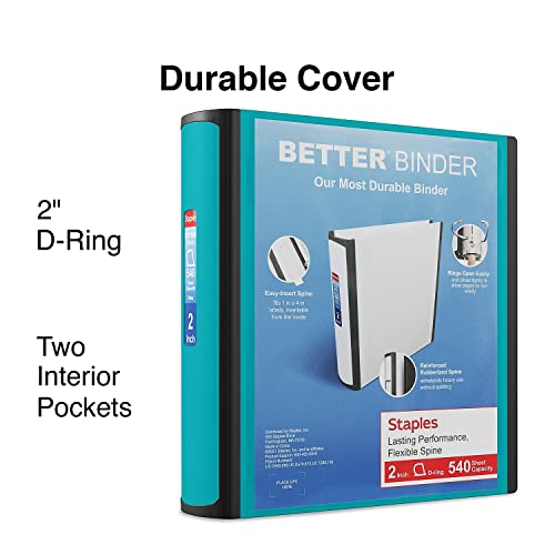 Staples Better Binder, 2" Heavy‑Duty D‑Ring 3‑Ring Binder, Teal, Reinforced Spine, 540‑Sheet Capacity, Durable Organizer for Office, School & Filing, 2‑Pack