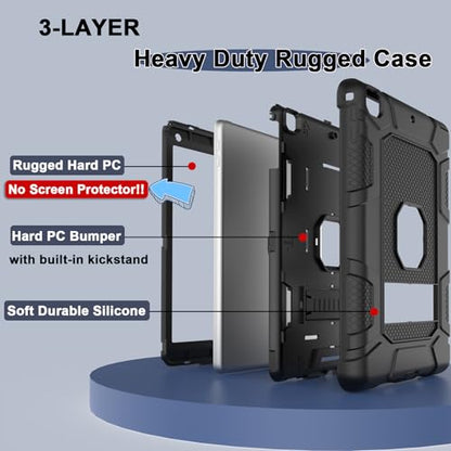 for iPad 6th/5th Generation Case, iPad Air 2 Case 9.7 Inch, [3-in-1] Heavy Duty Shockproof Rugged Protective Cover with Kickstand for A1893 A1954 A1822 A1823 A1566 A1567, Black - color: Black
